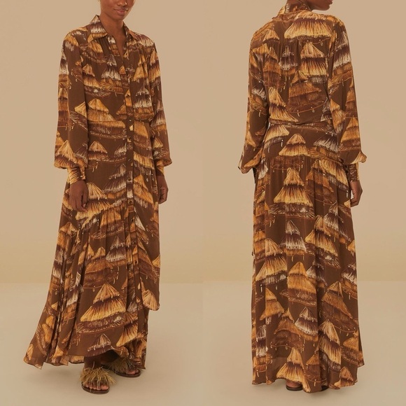 FARM RIO Malocas Beige Long Sleeve Midi Dress - Picture 1 of 13